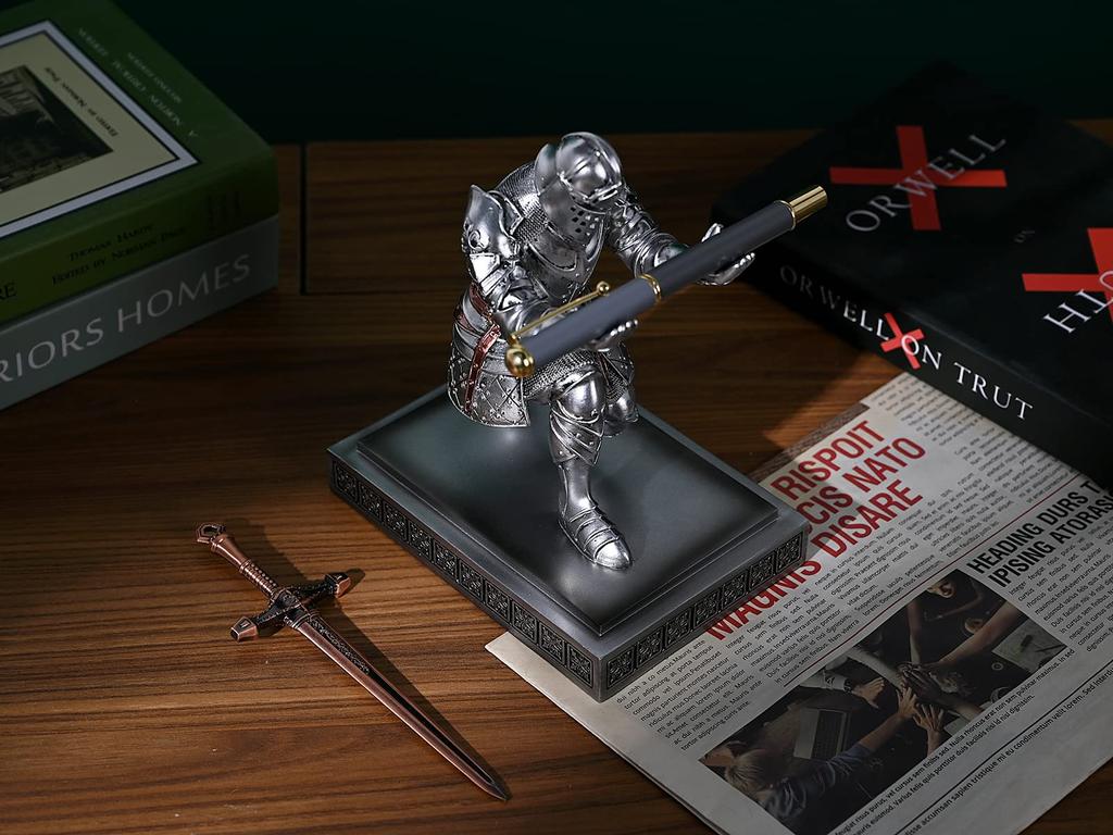 HDMbigmi Kingsguard Knight Pen Holder Pen Stand Desk Organizer and Accessories Resin Pencil Holder Gift with Metal Sword Letter Opener for Office or