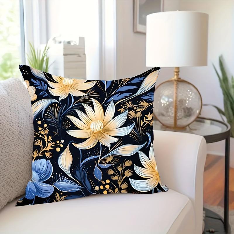 Blue Gold Floral Throw Pillow Cover Elegant Botanical Print Decorative Cushion Cover For Glam Living Room Bedroom Home Decor