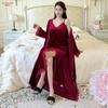 New French long velvet sexy pajamas lace temptation pure desire wind suspender nightdress robe loungewear set