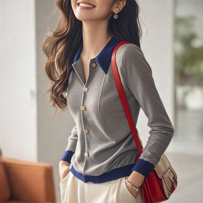 Gray Spliced Knit Top Female Slim Fit Sexy Knitted Blouse
