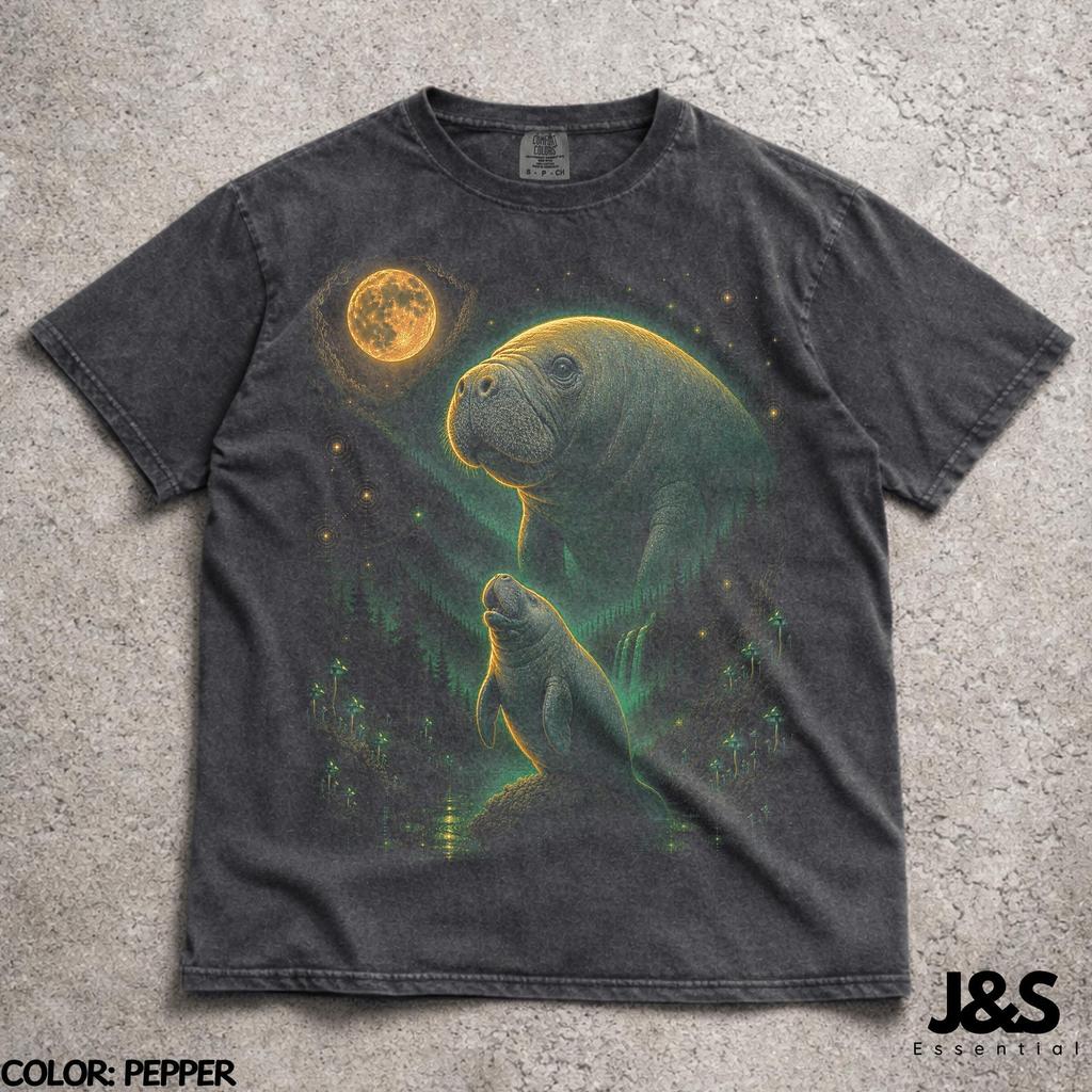 Manatee Howling to the Moon T-Shirt, 90s Full Moon Animals Graphic Tee, Retro Nature Lover Gift, Cottagecore Forest Night Life Manatees Tee