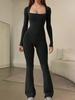 Rose Beauty A Square Neck Wide Leg Jumpsuit Long Sleeve Casual Comfy Unitard