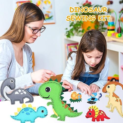 Kids Sewing Kit 14 Pieces Dinosaur Felt Craft Set, DIY Beginner Sewing Kit with Stuffing Yarn Scissors, Educational Creative Art Gift for Boys Girls