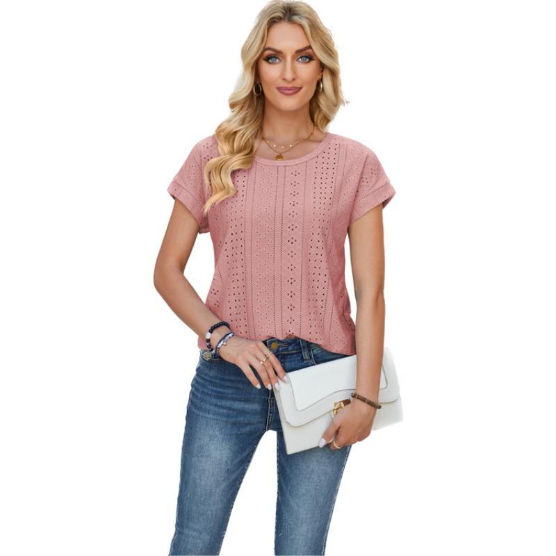 Women's Spring Summer Loose Round Neck Perforated Lace Solid Color T-shirt