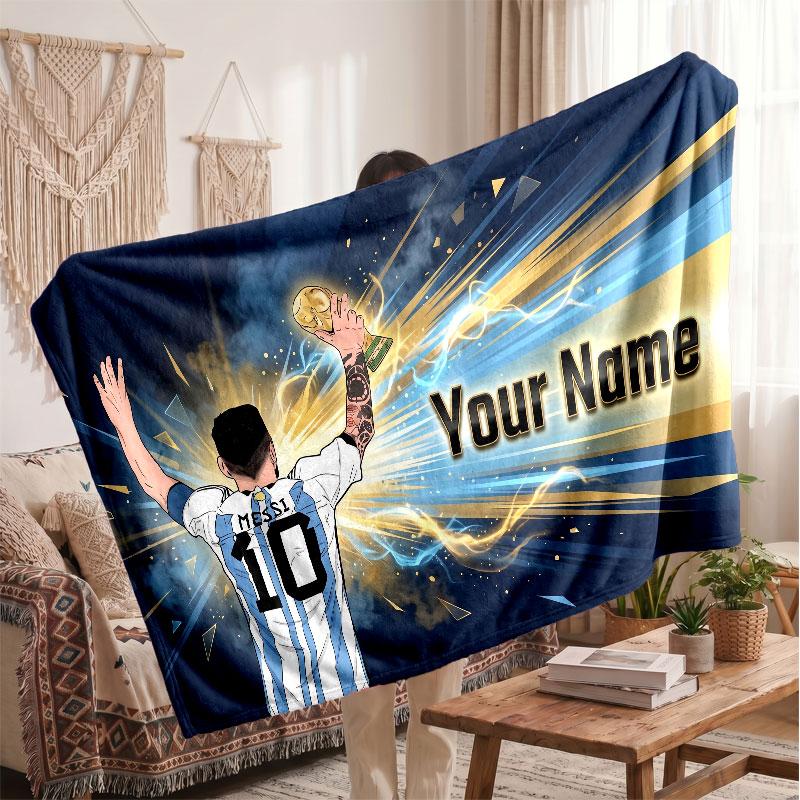 Lionel Messi Personalized Fleece Blanket With Football Logo, Custom Name Text Soft Warm Home Throw Blanket