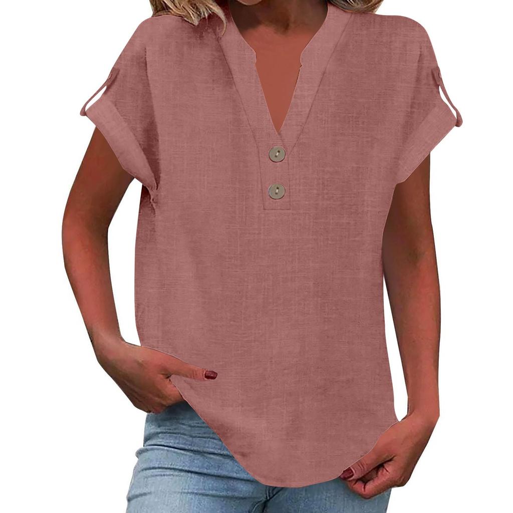 Women's Fashion Casual Solid Colour V-Neck Short Sleeve Button Down Shirt T-Shirt Top
