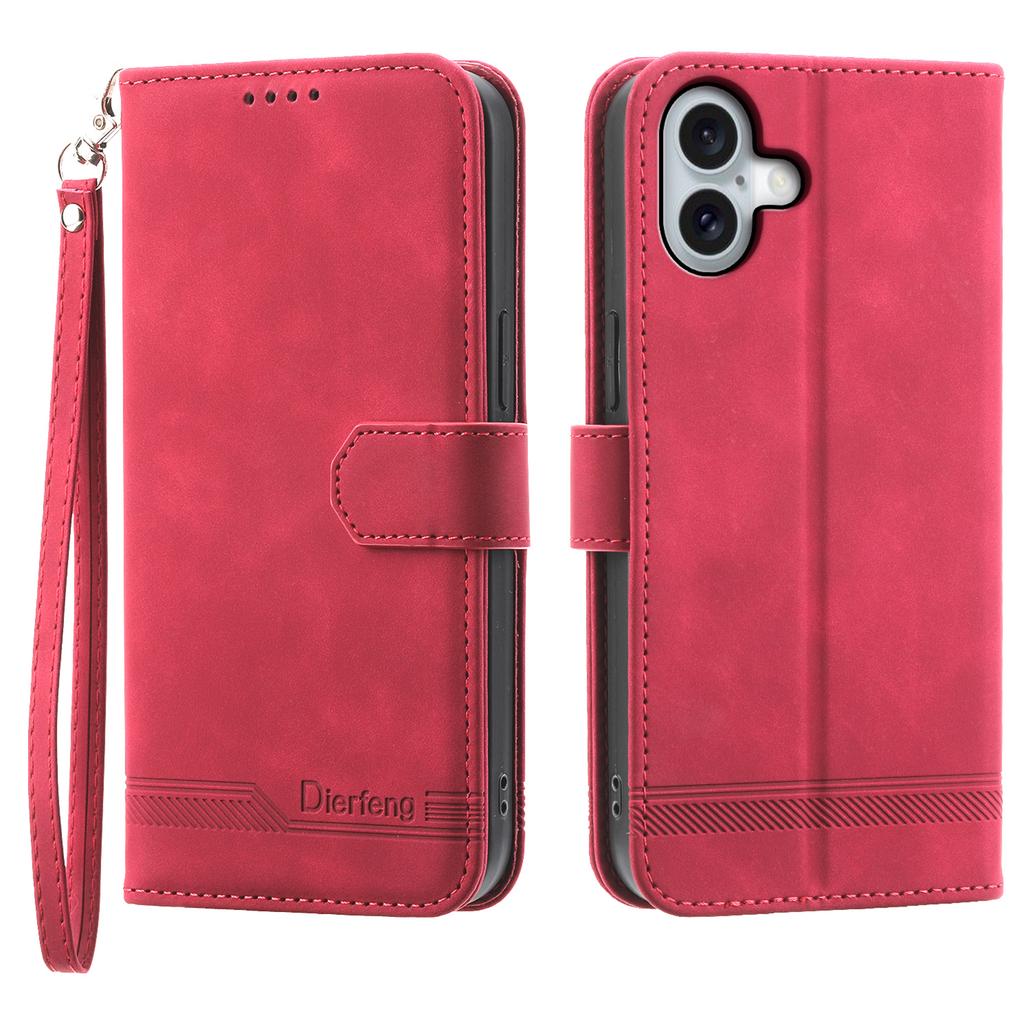DIERFENG DF-03 For iPhone 17 Case Lines Imprint Wallet Leather Phone Cover with Wrist Strap
