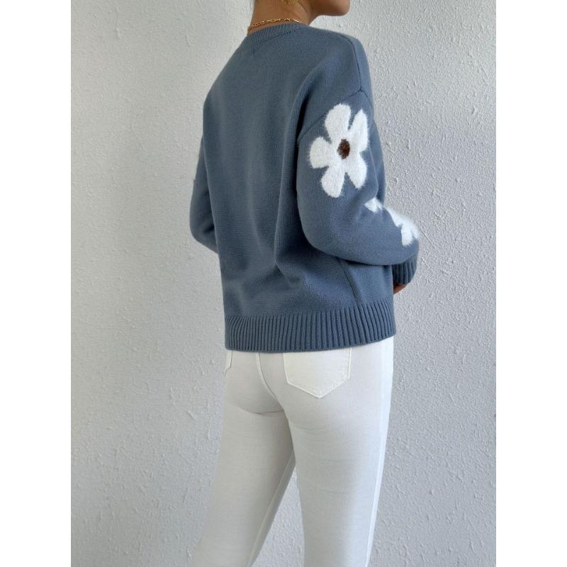 Женская мода повседневная осень-зима цветочный узор с длинным рукавом и круглым вырезом свитера