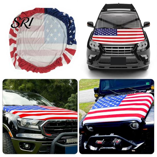 Easy Install Hood Cover American Flag Car 63 X 47 Inch Stretchable Polyester Spandex Fabric Fits Most Cars Trucks SUVs with Small Decorative