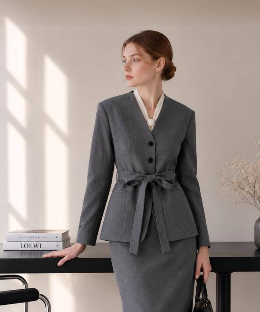 EL Claire Collarless Belt Jacket