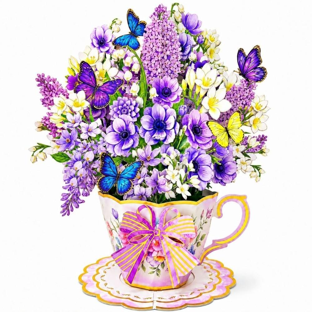 with Envelope & Message Note Pop Up Teacup Card 3D Flower Bouquet Card Pop Up Card Desktop Decor