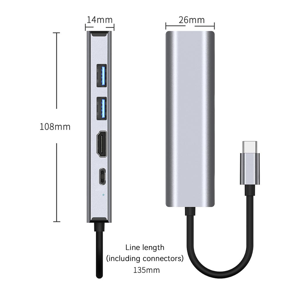 5-в-1 TYPE-C на USB3.0*1+USB2.0*1+PD100W/USB-C Data+HDMI+100M Сетевая карта ПК