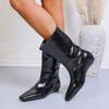 Simple Inside Heightening Mid-Tube Boots Women's Square Toe Spliced Sleeve Soft Sole Non-Slip Low Heel Boots