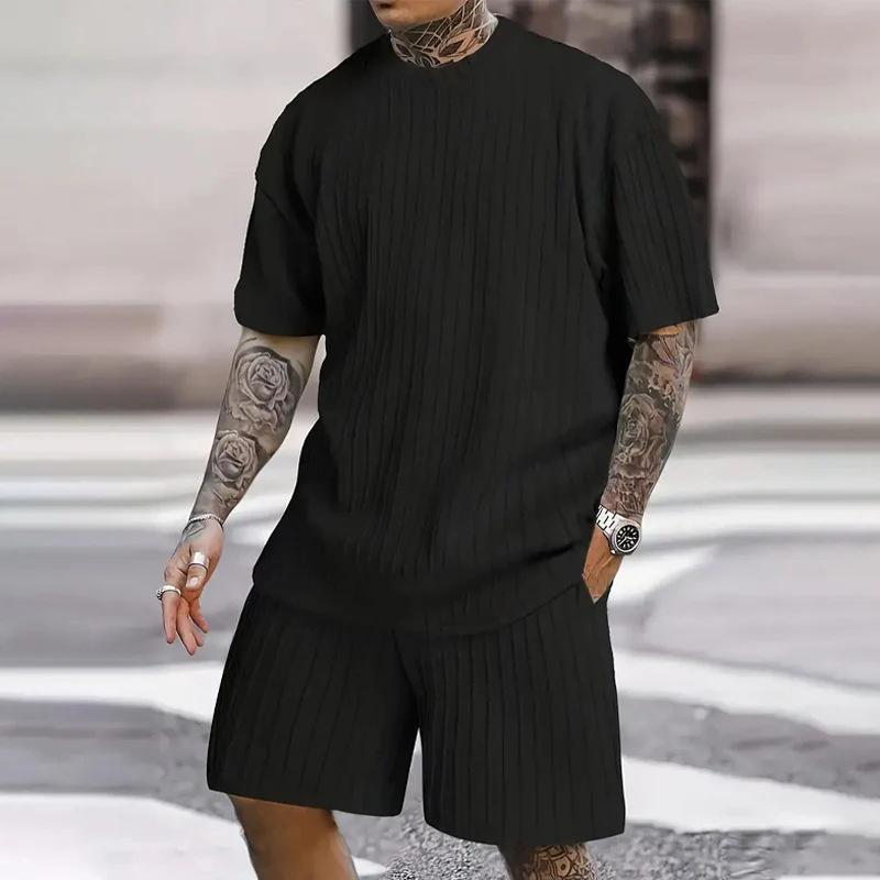 Европейский и американский мужской повседневный текстурированный комплект с коротким рукавом для летнего отпуска 2024