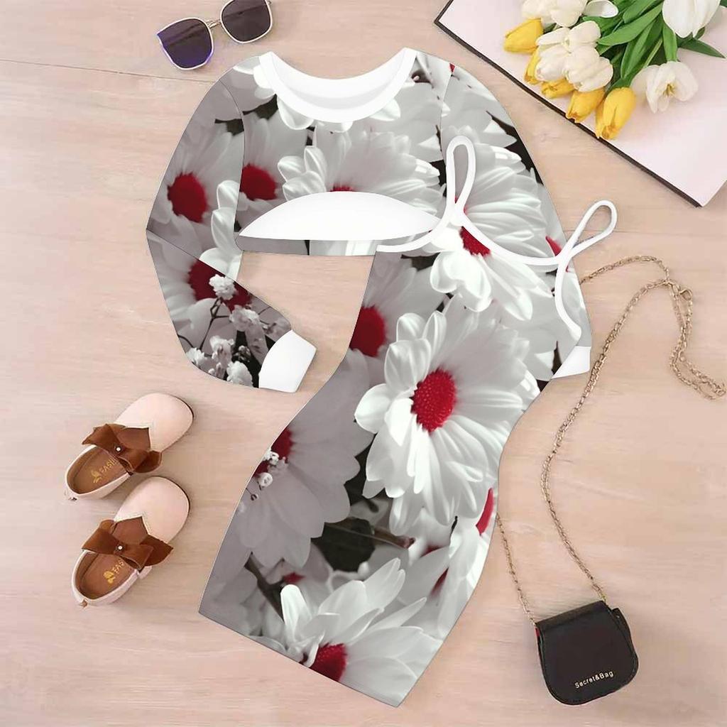 Girls Cartoon 2 Piece Outfits, Long Sleeve Crop Top + Spaghetti Strap Bodycon Dress, Fresh Light Print Party Dress Set