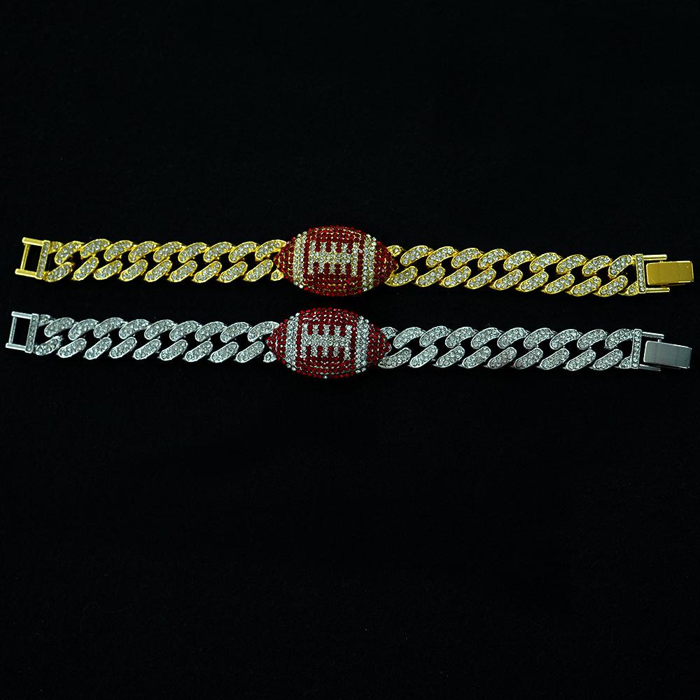 Red Football Full Diamond Cuban Bracelet, Personalized Men's Hip-hop Bracelet.