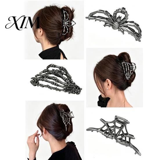 Skeleton Hand Hair Clip 3Pcs Halloween Claw Clip, Hollow Spider Web Ghost Alloy Clamp Non Slip Clamp, Gothic Accessories for Women Large Clips
