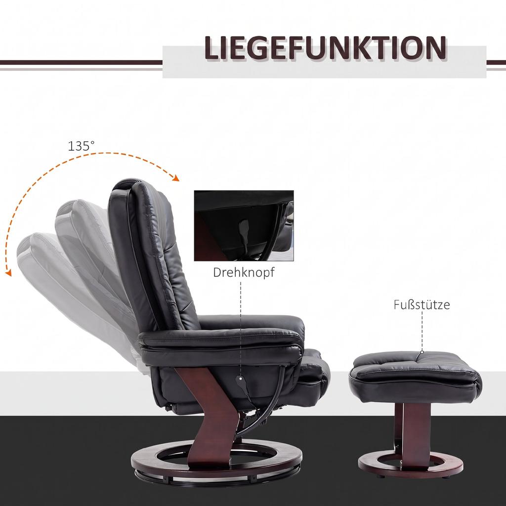 Recliner with Footstool, Reclining Chair, Swivel, Tiltable Backrest, Faux Leather Look, up to 130 kg, Black