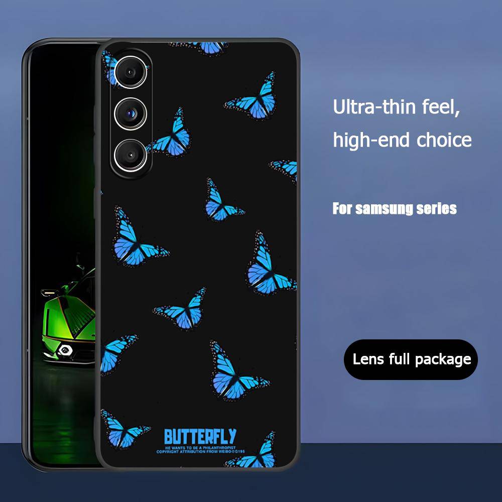 Beauty Blue Butterfly For Samsung Galaxy S25 S24 S23 Ultra S22 S21 Plus S20 Black Soft Silicone Protective Case