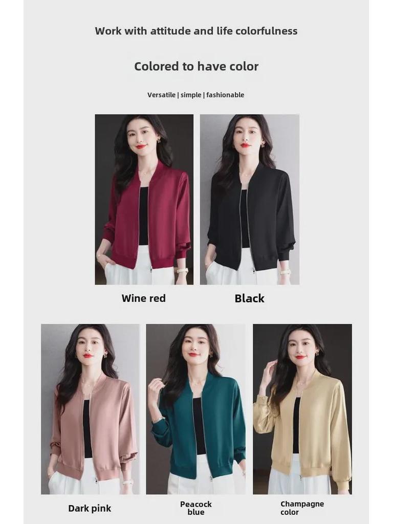 Весна 2024 Женская свободная бейсбольная куртка из ацетатного атласа - Повседневный короткий кардиган с длинными рукавами