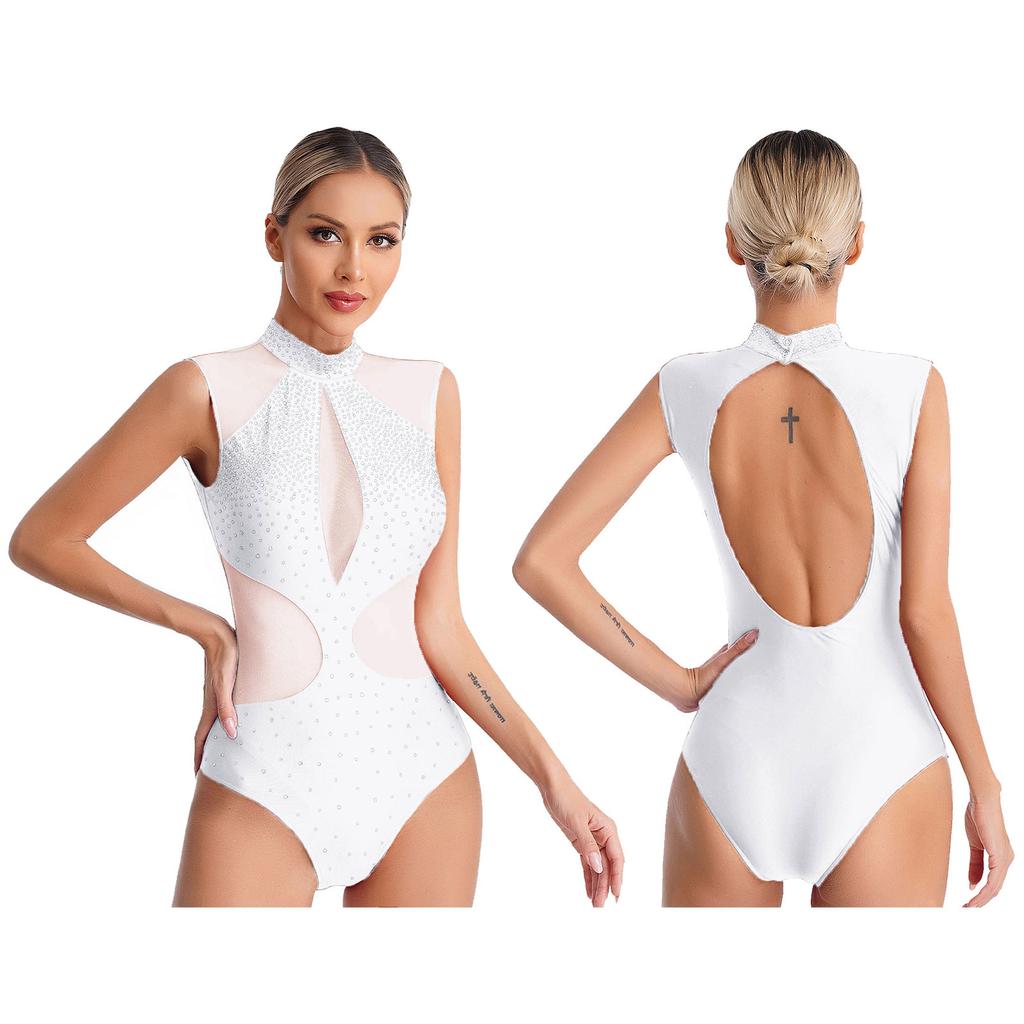 Womens Figure Skating Dance Leotard Sparkly Rhinestones Sheer Mesh Patchwork Sleeveless Cutout Back Bodysuit for Gymnastics