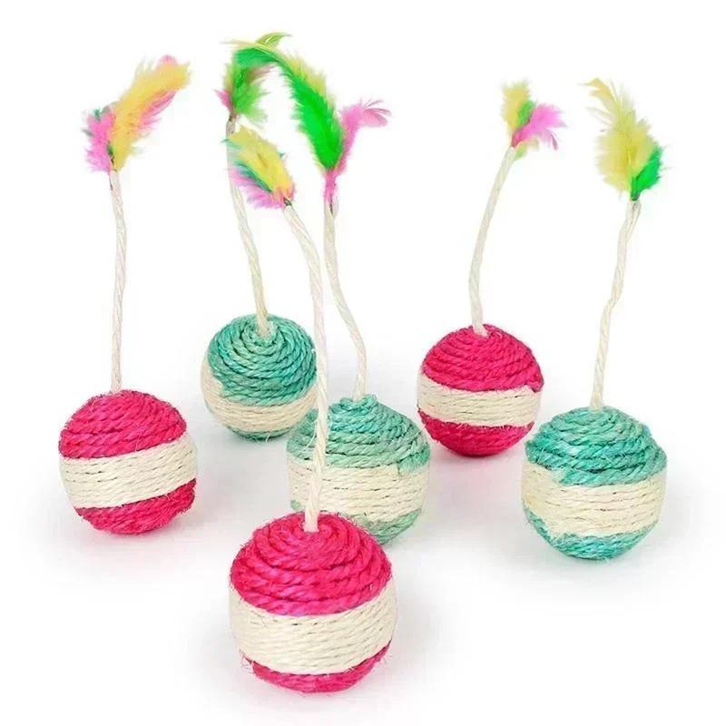 Interactive Sisal Cat Toy Scratching Ball with Feather for Kitten Teeth Cleaning Pet Supplies