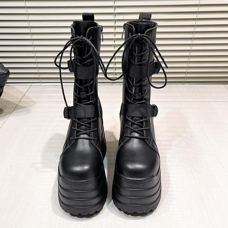 High Platform Gothic Boots Buckle Autumn Winter Leather Shoes Punk Street Cosplay Mid-calf Boots Motorcycle Short Botas 13.5cm