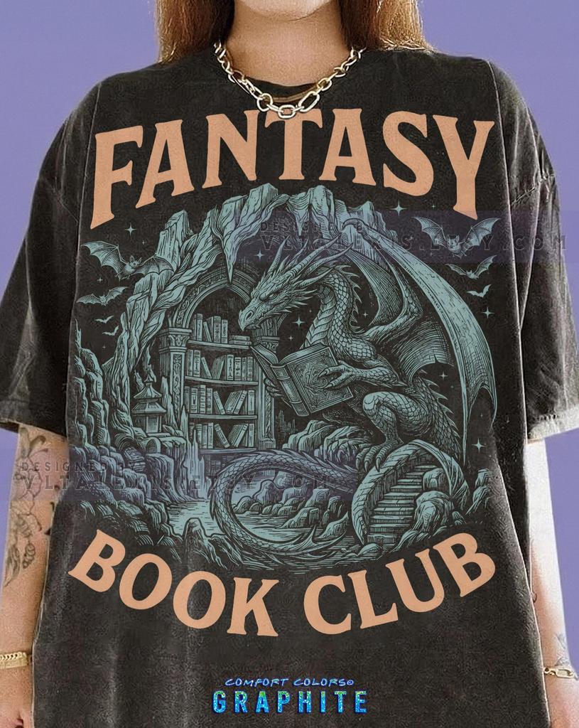 Fantasy Book Club Dragon Reading Dark Fantasy Gothic Cave Comfort Colors® Tshirt, Book Lover Mythical Creature Bats Vintage Bootleg Tee