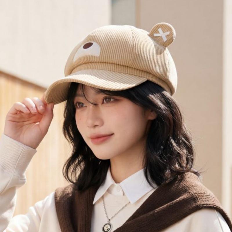 Octagonal hat corduroy bear ears beret female autumn and winter cute bow newsboy hat shows small face