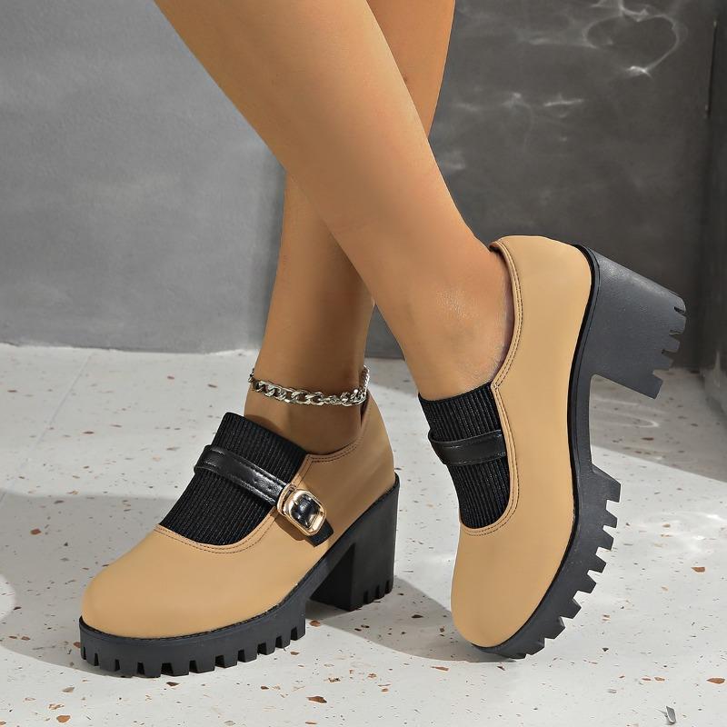 Large Size High-heeled Single Shoes Women's Autumn New Fashion Round Head One-word Buckle Thick-heeled Women's Shoes