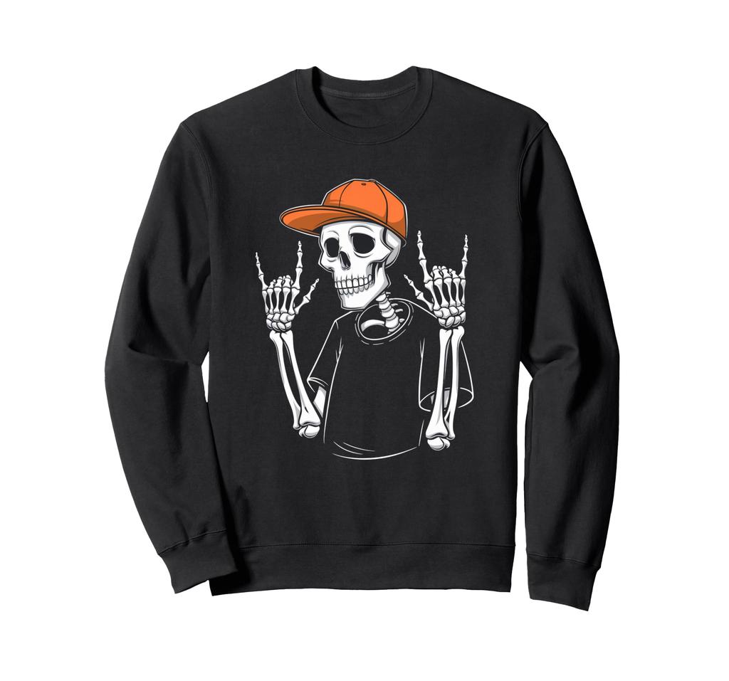 Cool Skeleton Funny Halloween Skull Art Sweatshirt with Orange Hat