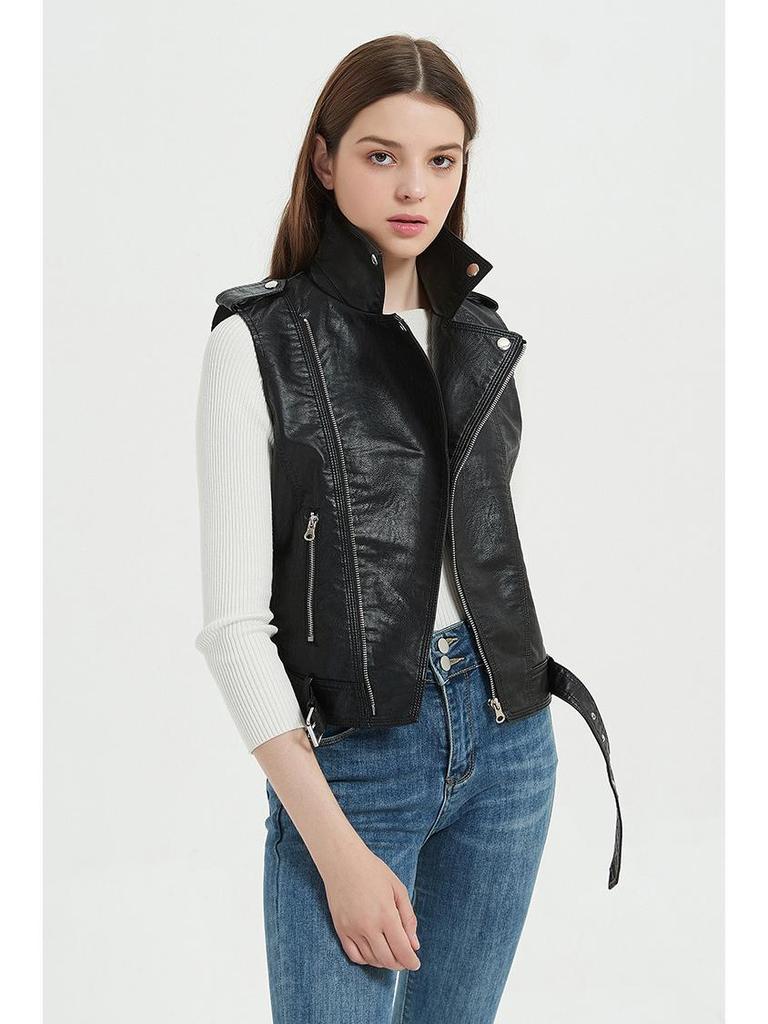 Women's Slim Fit PU Leather Motorcycle Vest with Belt and Zipper