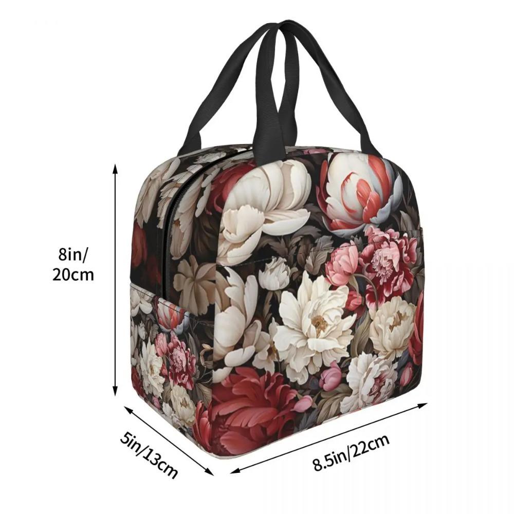 Elegant Red And White Peony Floral Nightgarden Insulated Lunch Bag for Women Kids Portable Food Boxes Thermal Lunch Box Tote