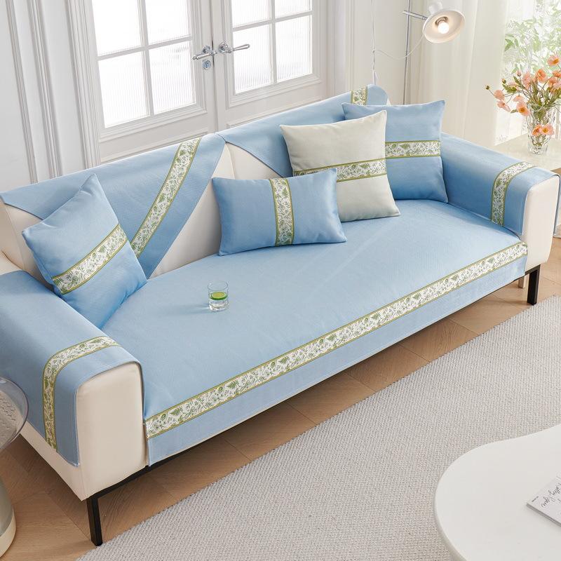 Sofa Cushion Summer Ice Silk Non-slip Sofa Cover Solid Color Embroidery Splicing Couch Covers Cooling Cool Feeling Sofa Cushion