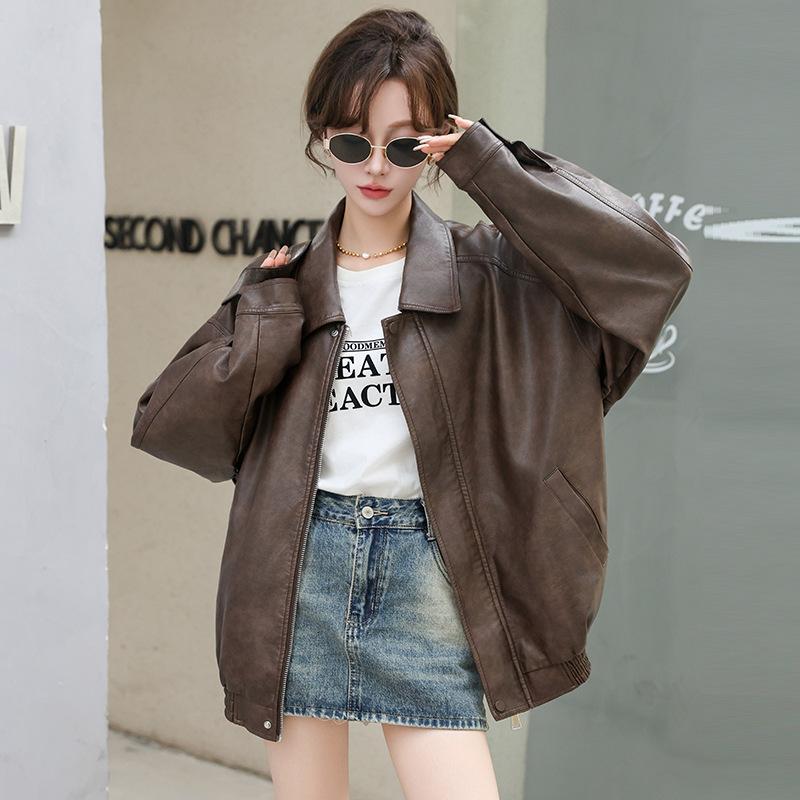 Black Leather Jacket Women's Autumn New Retro Loose Maillard Style Motorcycle Pu Leather Jacket Top
