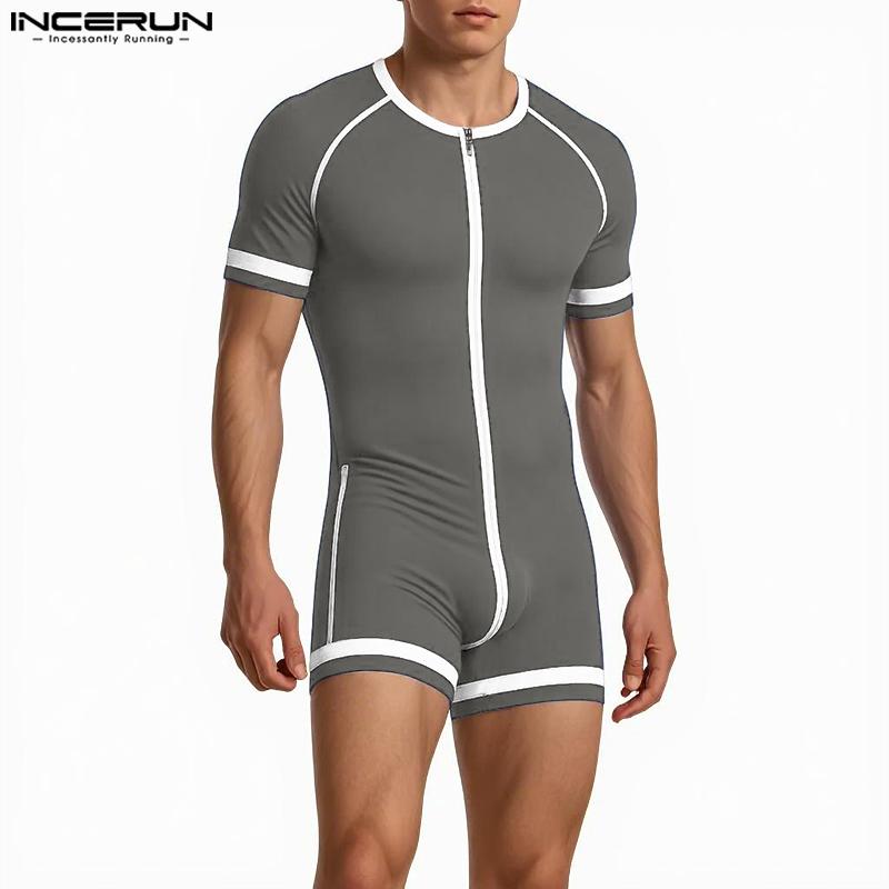 INCERUN Men Short Sleeve Stitching Fitted Jumpsuits Romper Bodysuits Pajamas Home Wear