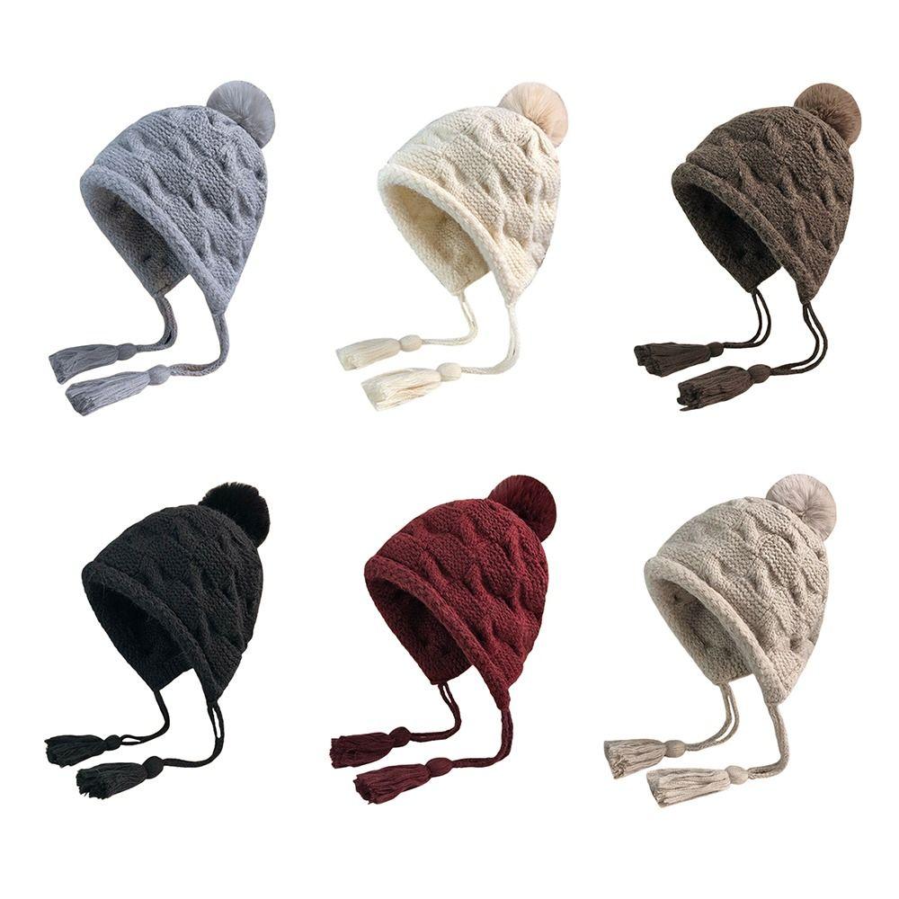 Solid Color Beanie Hat Tassels Ear Protection Cap Fashion Earflap Cap Winter