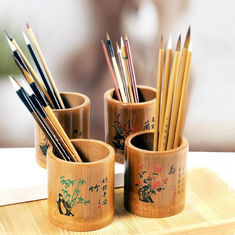 Бамбуковый резной круглый многофункциональный держатель для ручек школьный офисный рабочий стол креативные демонстрационные принадлежности канцелярский ящик для хранения