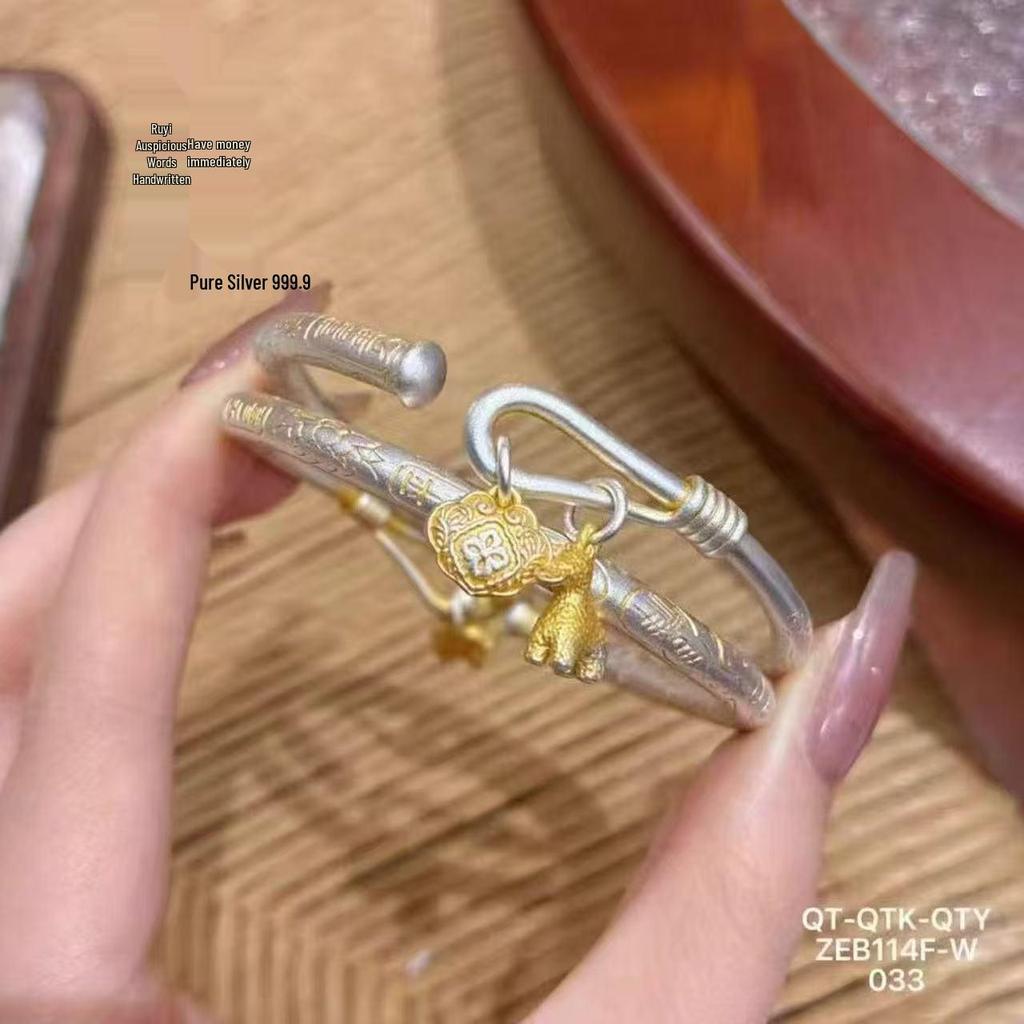 9999 Sterling Silver Gold Painted Peace Lock Bracelet - Women's Luxurious Chinese Style with Auspicious Words for Prosperity and Peace