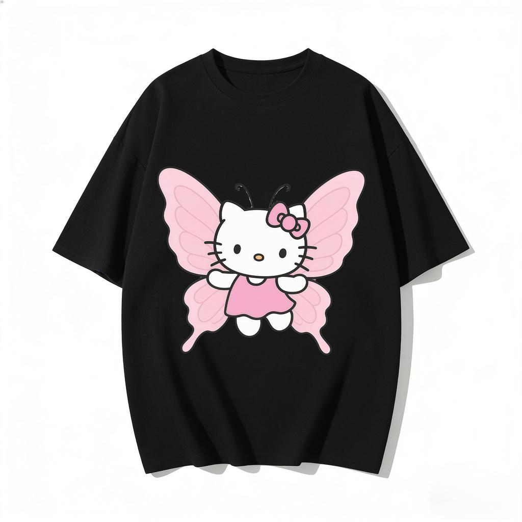 2026 New Arrival Kawaii Hello Kitty Butterfly Print Couple T Shirts Casual Loose Family Matching Outfits Parentchild Tees Tops