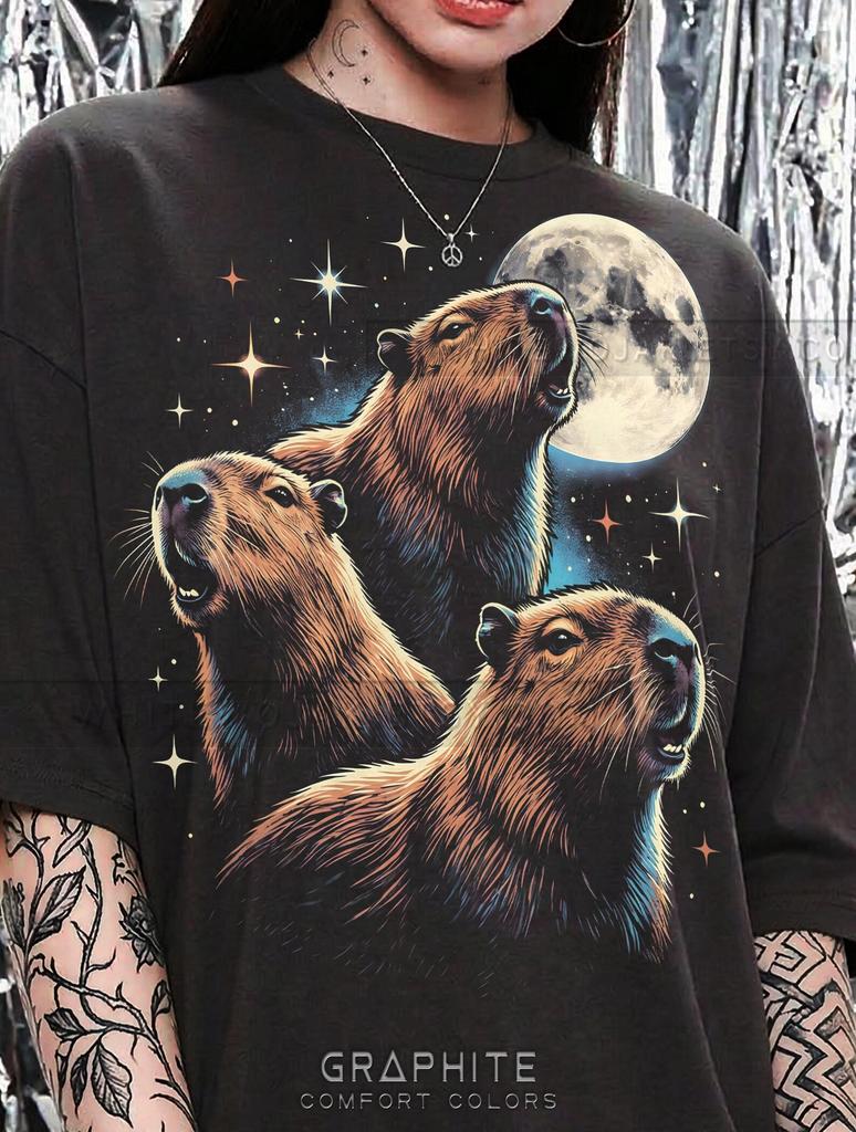 Capybara Three Capybara Moon Animal Lover Retro Vintage Comfort Colors® Tshirt, Wildlife Nature Funny Meme 90S Graphic Tees,