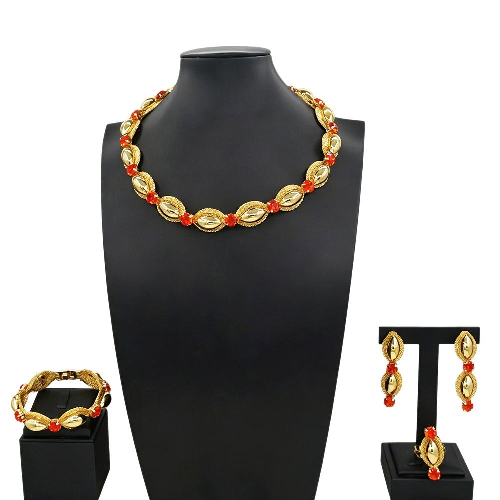 Gold Plated 4Pcs Jewelry Set, Red Crystal & Mesh Bead Necklace Bracelet Earrings Ring for Women Wedding Party