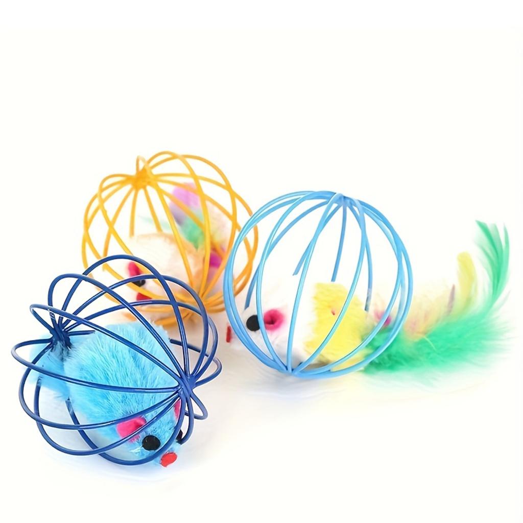 Random Cat Toy Mouse Real Feather Tail Painted Wire Cage Cat Toy Cage Mouse