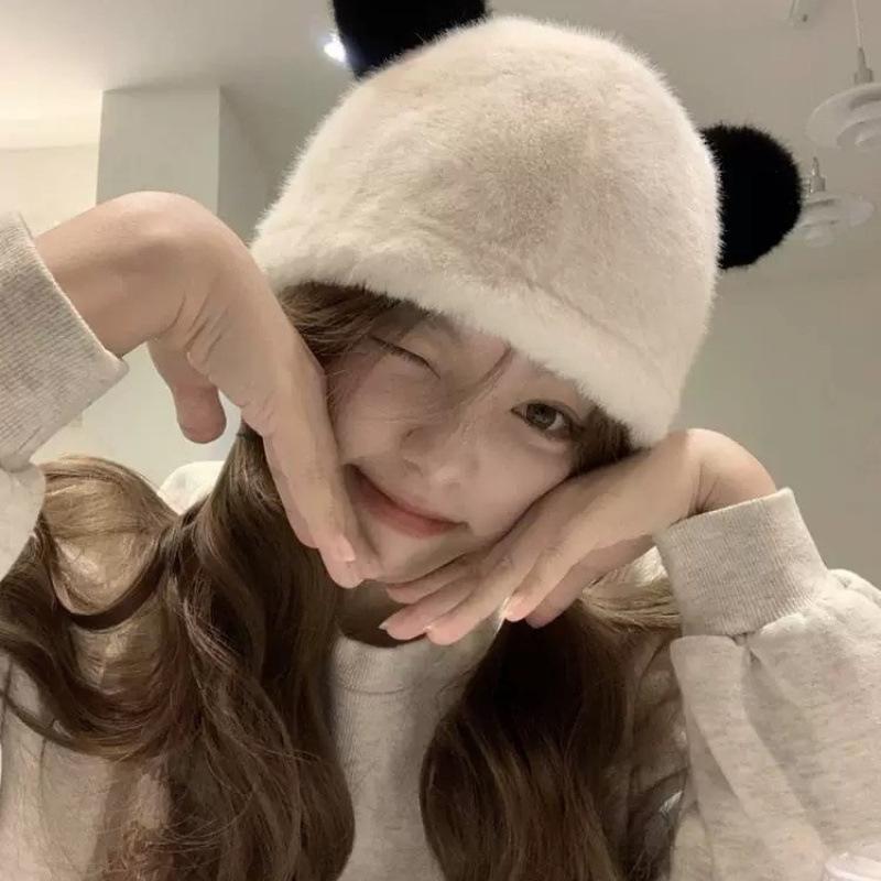 New bear plush hat female cute wool warm fluffy big head circumference knitted cold hat autumn and winter
