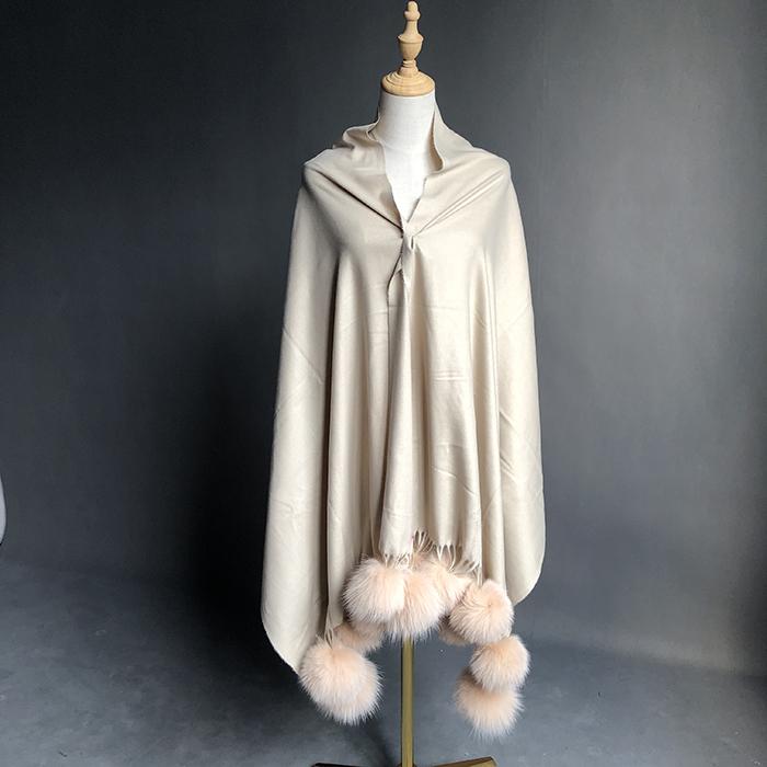 Factory Direct  Pashmina Shawl Women Cashmere Scarf Shawl With Fox Fur Pompoms