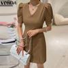 Женское летнее элегантное свободное платье с v-образным вырезом и короткими рукавами на талии, однотонное свободное платье