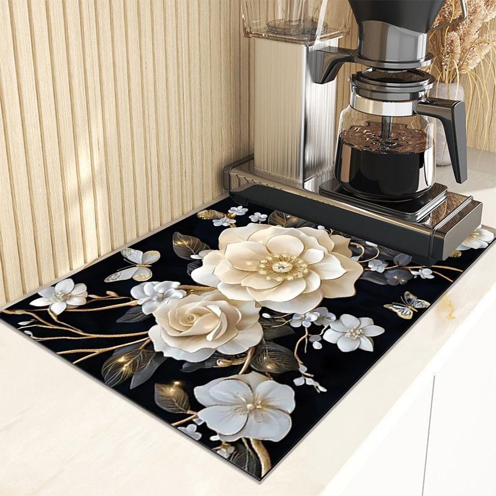 Dish Drying Mat Super Absorbent Dish Mat Drying Kitchen Mat with Floral Hide Stain Draining Mat for Kitchen Coffee Bar Decor