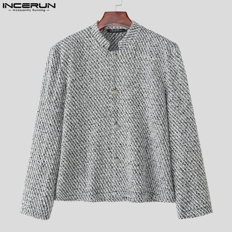 INCERUN Winter Autumn Vintage Men Stand Neck Long Sleeve Casual Buttons Texture Jackets Coats