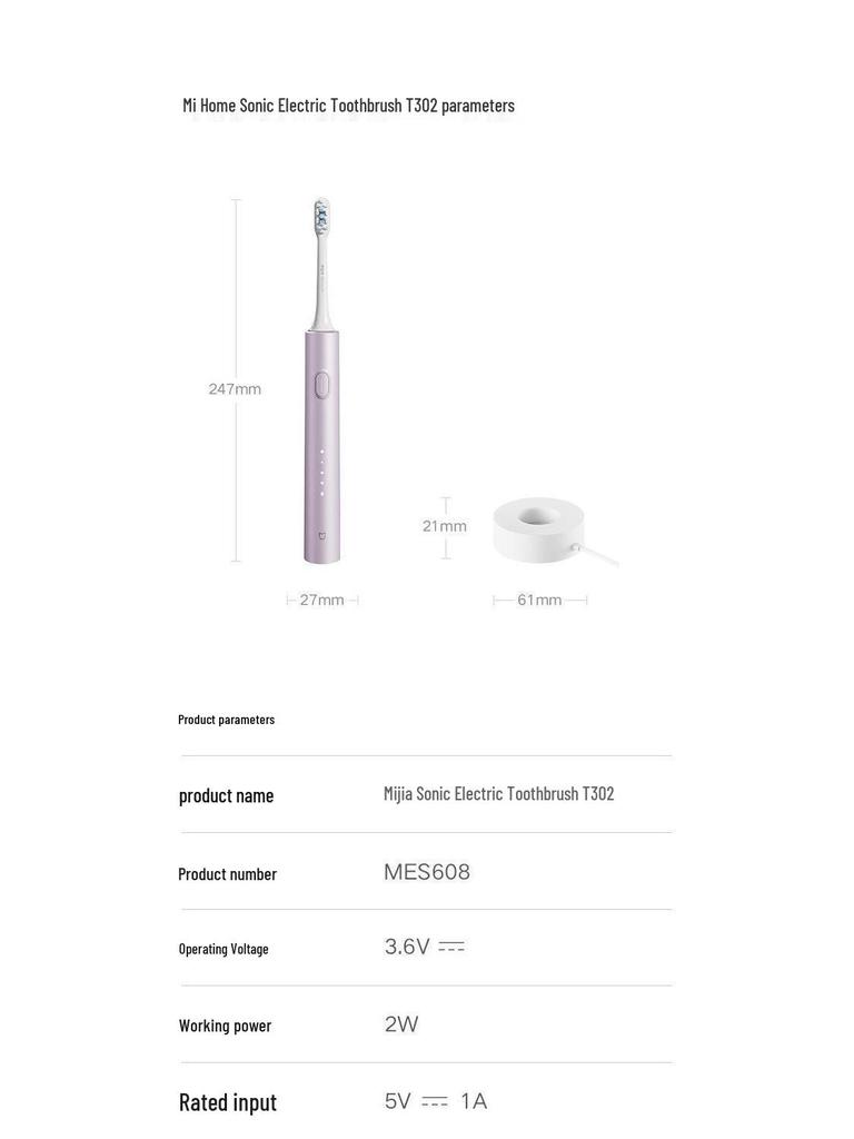 Звуковая зубная щетка Mijia T302: Водонепроницаемая, Индукционная зарядка с 4 насадками-щетками, Идеально подходит для студентов.