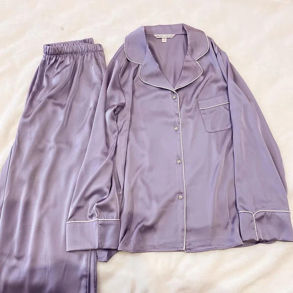 Весна Осень Новинка Ледяной Шелковый Пижамы Женский Кардиган с Застежкой-Ломтиком Женский Комплект Из Двух Частей Элегантная Фиолетовая Женская Пижама